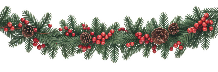 Festive christmas garland with pinecones and red berries isolated on transparent background