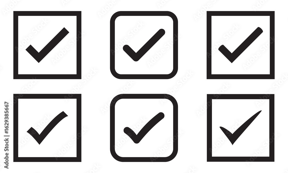 Poster check box icon with correct with different line width. approved symbol. accept checkmark icons green