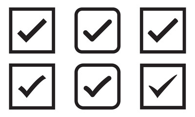 Set of black check mark isolated vector icons. Vote symbol tick. Approved icon. Check mark icon set. Tick checkmark check list button icon.