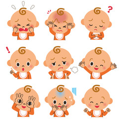 上半身の赤ちゃんが色々な顔の表情やポーズのセット