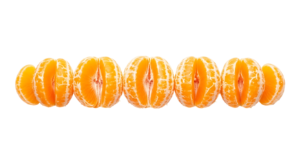 Several peeled tangerine segments isolated on transparent background, top view