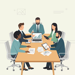 Obraz premium Diverse business team seated around a table, engaged in a collaborative meeting, reviewing data and documents.