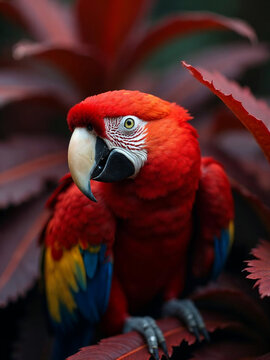 Extreme close-up of a scarlet macaw with vivid red