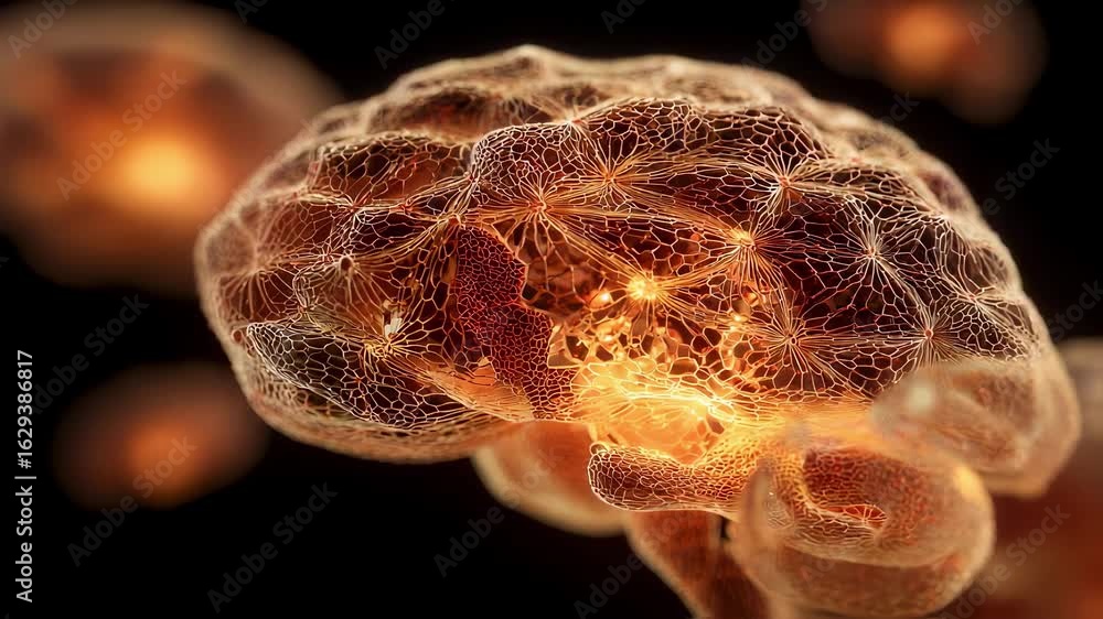 Poster stylized digital rendering of interconnected brain and adrenal structures illuminated in warm tones 