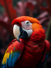 Extreme close-up of a scarlet macaw with vivid red