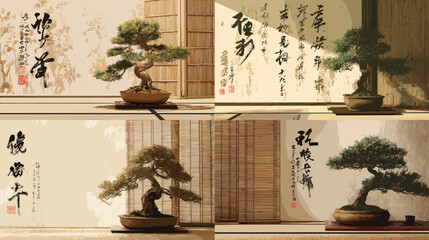 Graceful bonsai tree illustrations set against elegant Japanese calligraphy—perfect for themes of art, tradition, Zen, mindfulness, and cultural design.

