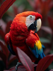 Extreme close-up of a scarlet macaw with vivid red
