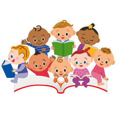 大きな本を広げて沢山の赤ちゃん達が絵本を見るイメージのイラスト