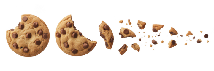 Chocolate chip cookie breaking apart into pieces isolated on transparent background