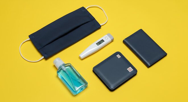 Dark Blue Face Mask with Digital Thermometer and Sanitizer on Yellow