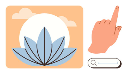 Blue lotus petals framed by a glowing sun and soft clouds. Includes a hand gesture pointing to a search bar. Ideal for mindfulness, spirituality, nature, wellness, self-discovery, simplicity
