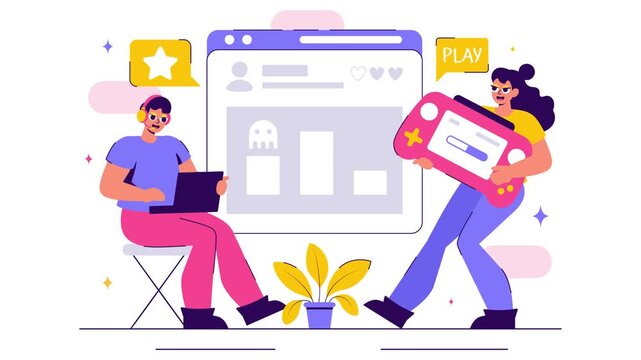 Animation of Vector Illustration of a Professional Cute Gamer Streaming Online While Playing Video Games on a Live Platform in a Stylish Background