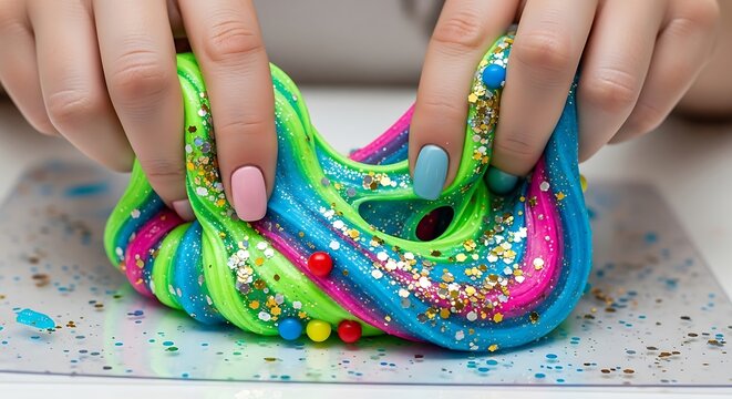A person's hands with a colorful manicure playing with homemade vibrant rainbow slime, a fun sensory toy for creative play