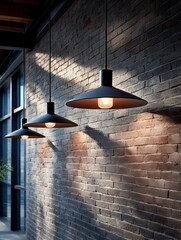 Modern pendant lights against brick wall