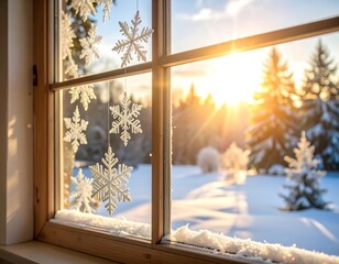 Winter window view with snowflakes