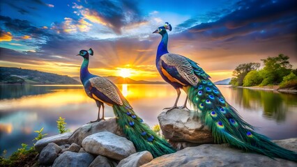Majestic Peacocks Sunset Lake 