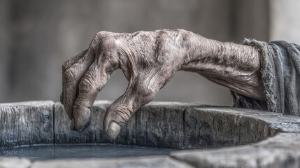 Fototapeta premium A black and white drawing closeup of a gnarled old witch witches hand above a halloween cauldron of liquid with textured detail of the hand and spooky copy space.