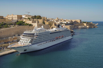 Luxury cruiseship cruise ship liner Star docked at terminal in La Valletta, Malta during summer...