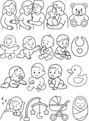 Cute Baby and Parenthood Line Art Set – Black and White Vector Icons