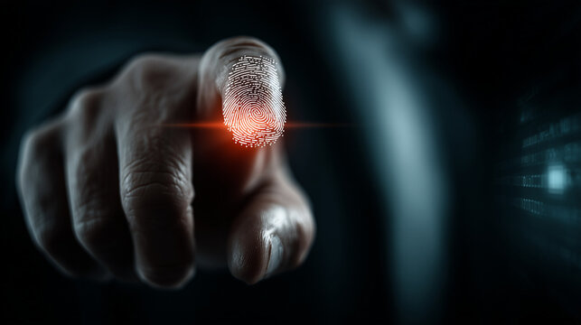 Cyber security system and data protection concept. Man using fingerprint scanning access data with data center as background, biometric identity, data ...