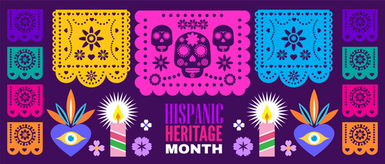 National Hispanic heritage month banner with girl, papel picado, guitar Hispanic and Latino Americans culture, event Celebrate annual october in United States Vector illustration template background