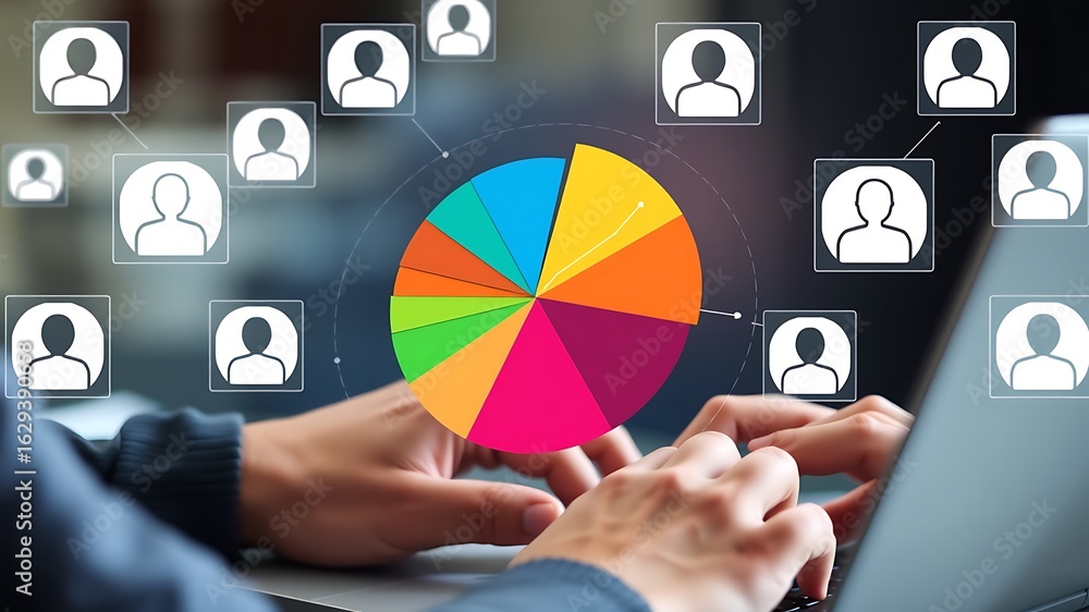 Aufkleber analyzing data and user connections through a colorful pie chart and user icons