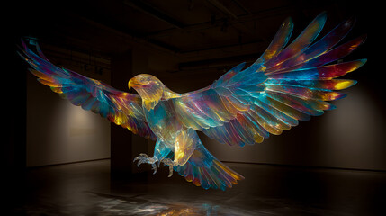 Fototapeta premium A large, iridescent crystal sculpture in the shape of an eagle, with colorful light and shadow effects, is on display at the museum's glass exhibition hall