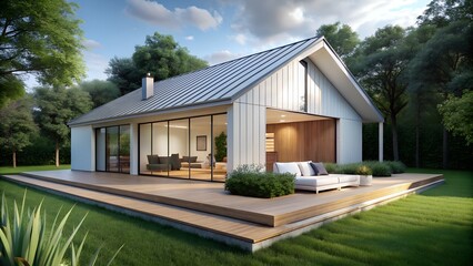 Modern minimalist house exterior with large glass windows, wooden deck, and natural surroundings, featuring clean lines and an openconcept design