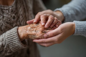 Supportive caregiver gently holding elderly person's hands in a nurturing environment to provide comfort and connection during senior care activities