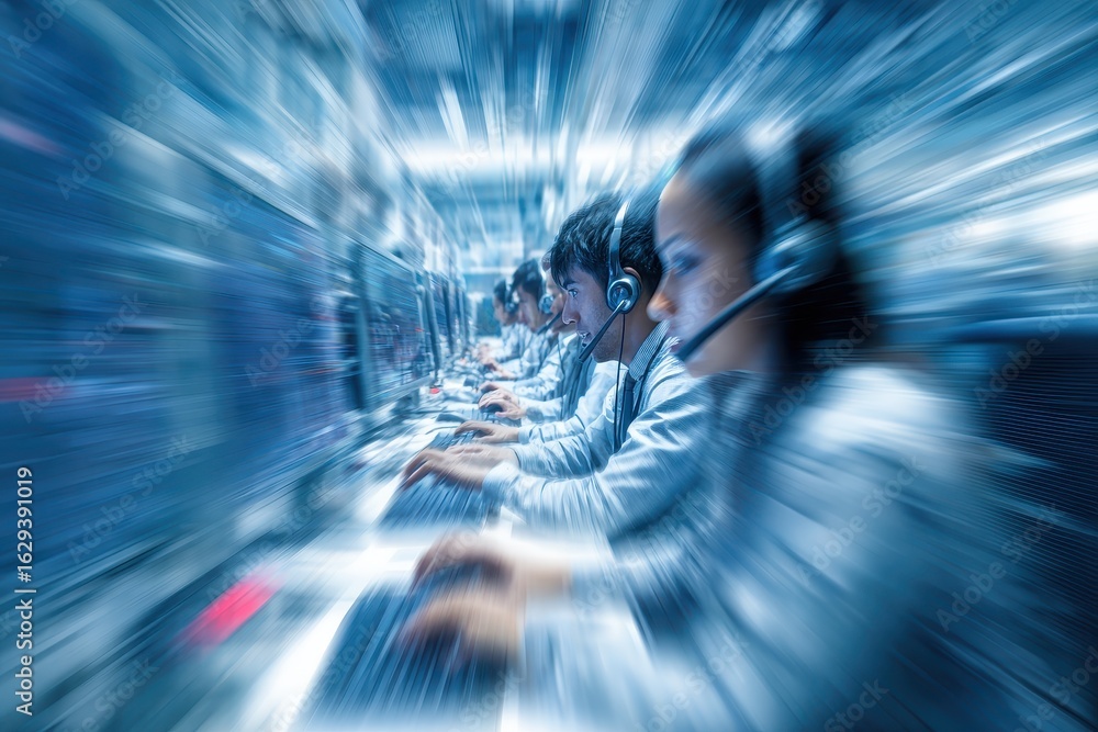 Aufkleber customer service representatives work diligently during operating hours at a busy call center provid