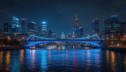 Night View of Shanghai's Illuminated Skyline and Bridge