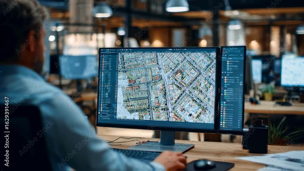 Aufkleber urban planner reviewing zoning documents while using computer software to optimize city infrastructu