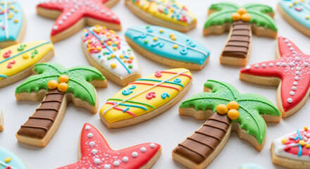 Decorated sugar cookies shaped as tropical themes with colorful icing on white surface. Christmas baking with exotic designs for holiday treats and seasonal bakery marketing