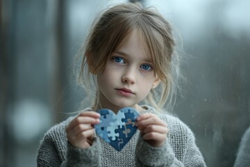 World Autism Awareness Day observed through a heartfelt expression of understanding and love by a young girl holding a puzzle piece heart indoors in a soft, natural light setting