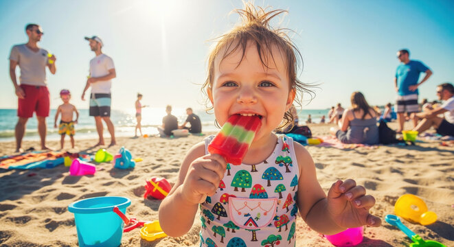 Child eating colorful ice cream on sunny beach with adults and families in background. Summer vacation treat enjoyment for holiday relaxation and frozen dessert marketing - Powered by Adobe