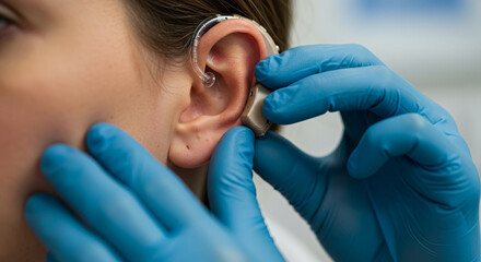 A medical professional wearing blue gloves carefully fits a hearing aid into a patient's ear, showcasing audiology care and technology.