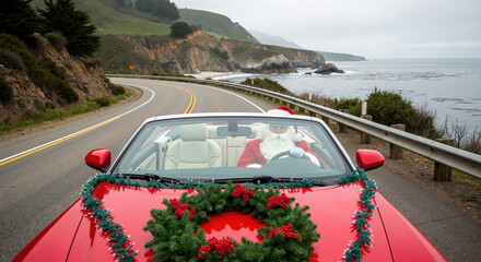 Santa claus driving red convertible car decorated with christmas wreath on coastal highway. Holiday road trip in exotic location for new year travel and seasonal automotive marketing