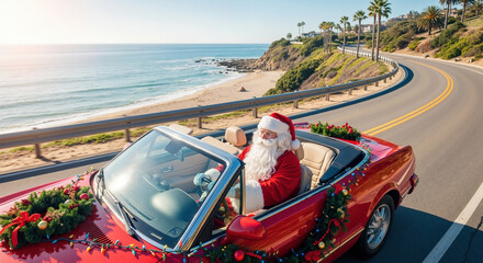 Santa claus driving red convertible car decorated with christmas garland on scenic coastal road. Holiday road trip in exotic paradise for new year travel and automotive marketing