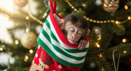 Baby monkey in christmas stocking hanging from decorated tree with golden lights and ornaments. Holiday animal character for exotic new year greeting cards and seasonal entertainment marketing