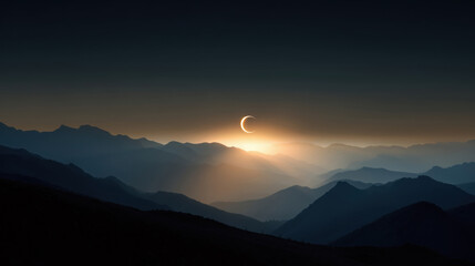 Solar eclipse phenomenon visible over mountain valley landscape