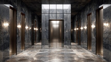 Fototapeta premium Modern elevator lobby with dark gray marble walls.