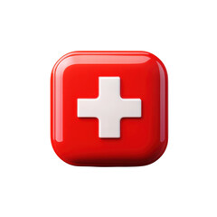 Obraz premium Glossy Red Square with White Cross Symbol, Swiss National Emblem, Medical Sign on transparent background