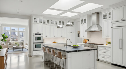 Bright and modern kitchen interior design with island and white cabinets