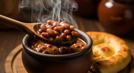 Traditional Georgian Lobio in Rustic Clay Pot - Authentic Red Bean Stew from Georgia - Cultural Cuisine Editorial Food Photography