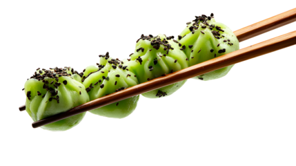 Traditional green dumpling momos food  from Nepal served with tomato chutney in plate isolated.