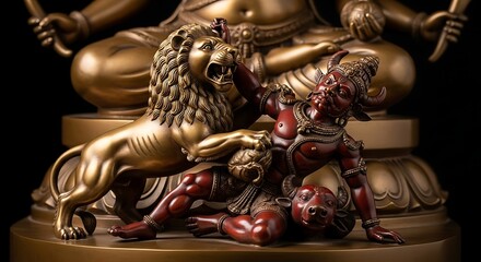 Fototapeta premium Golden statue depicting Hindu goddess Durga riding a lion and defeating demon Mahishasura for