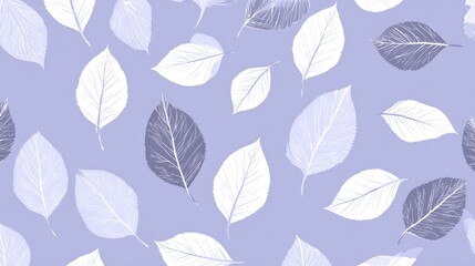 Light purple background with scattered, delicate leaves in white and gray-blue