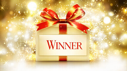 gift box marked "winner", Ideal for social media engagement , Lottery winner gift box marked "WINNER" with red ribbon on sparkling golden background, festive design, copy space