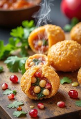 Obraz premium Golden, crispy Pani Puri shells, perfectly round and delicately cracked open, revealing a vibrant filling