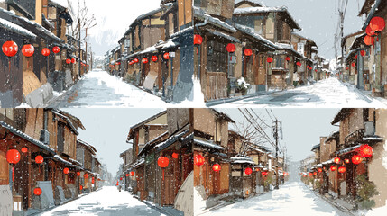 Snowy traditional Japanese streets adorned with red lanterns, capturing a quiet winter scene full of cultural charm—ideal for seasonal or travel-themed content.

